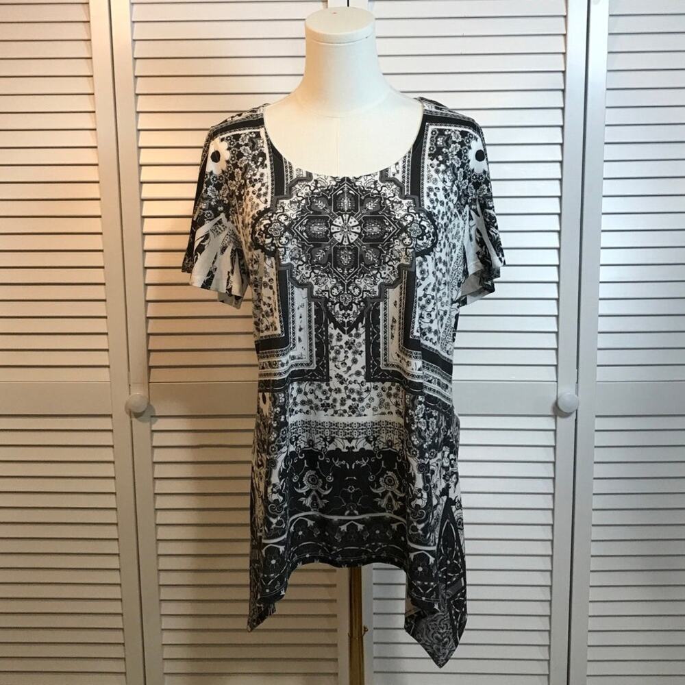 One World Beaded White Black Geo Boho Retro Scarf Hem Tunic Top L